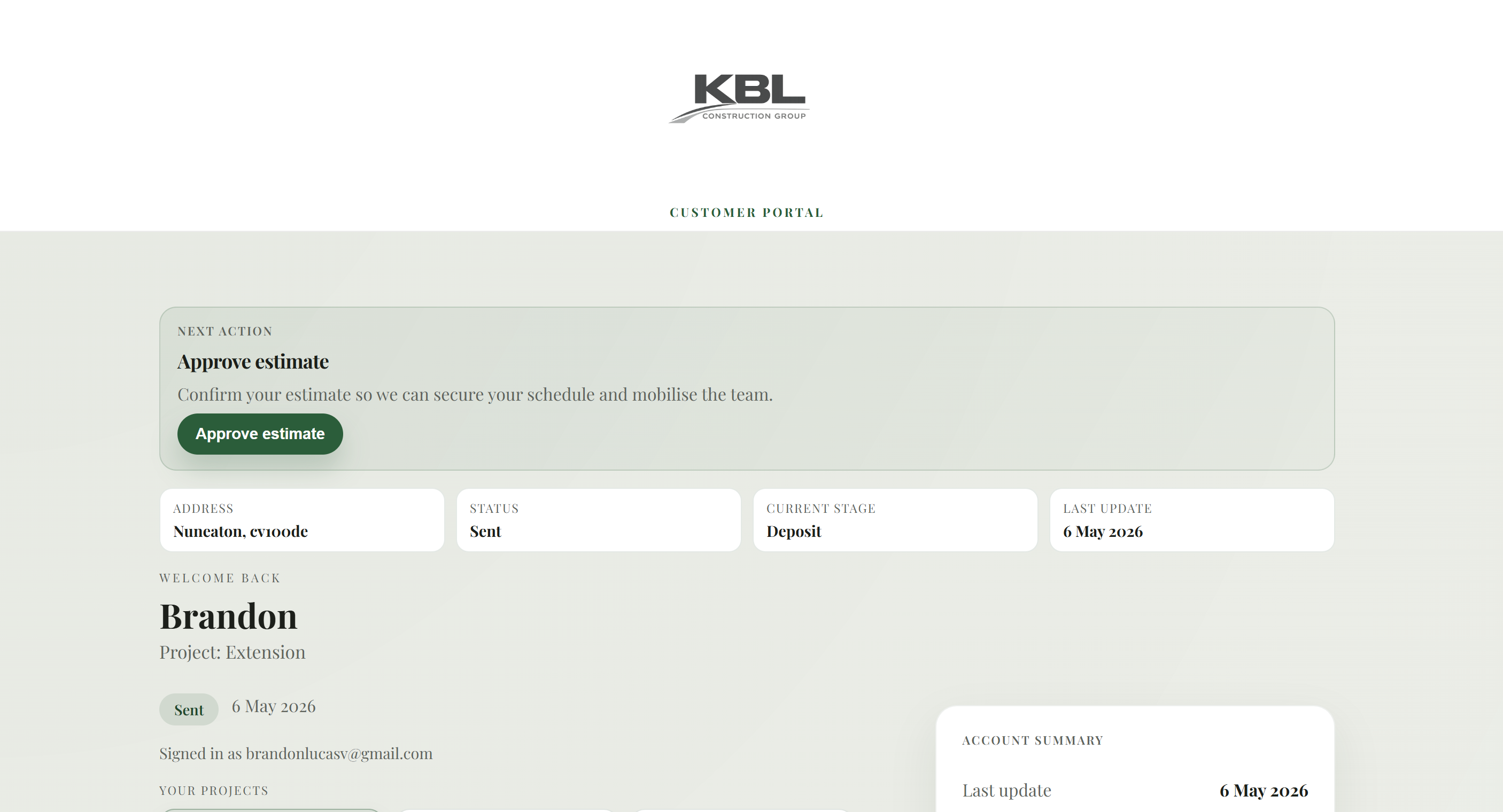 KBL customer portal shown on a desktop browser