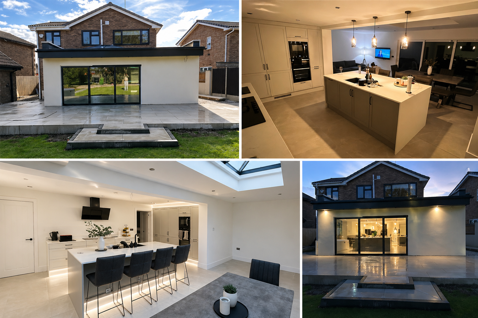 High-end house extension with finished kitchen and exterior views