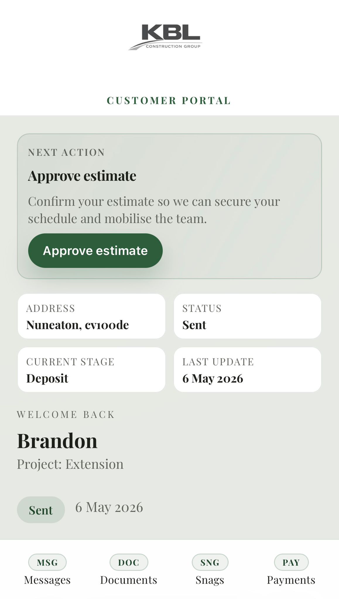 KBL customer portal shown on a phone