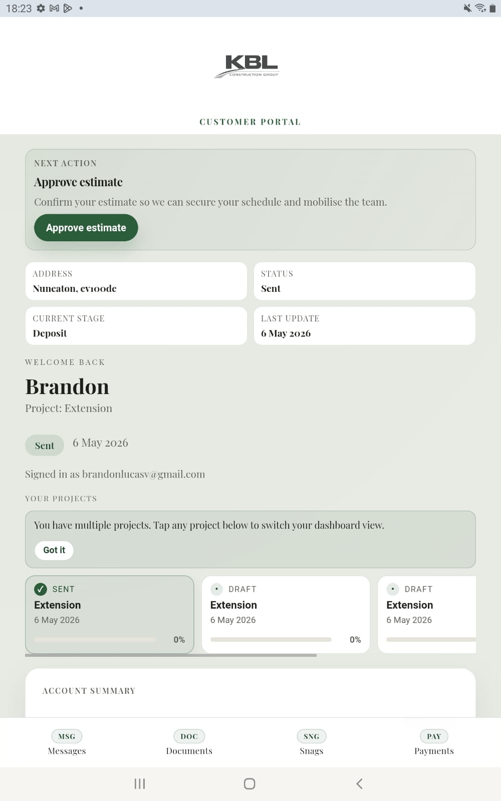 KBL customer portal shown on a tablet